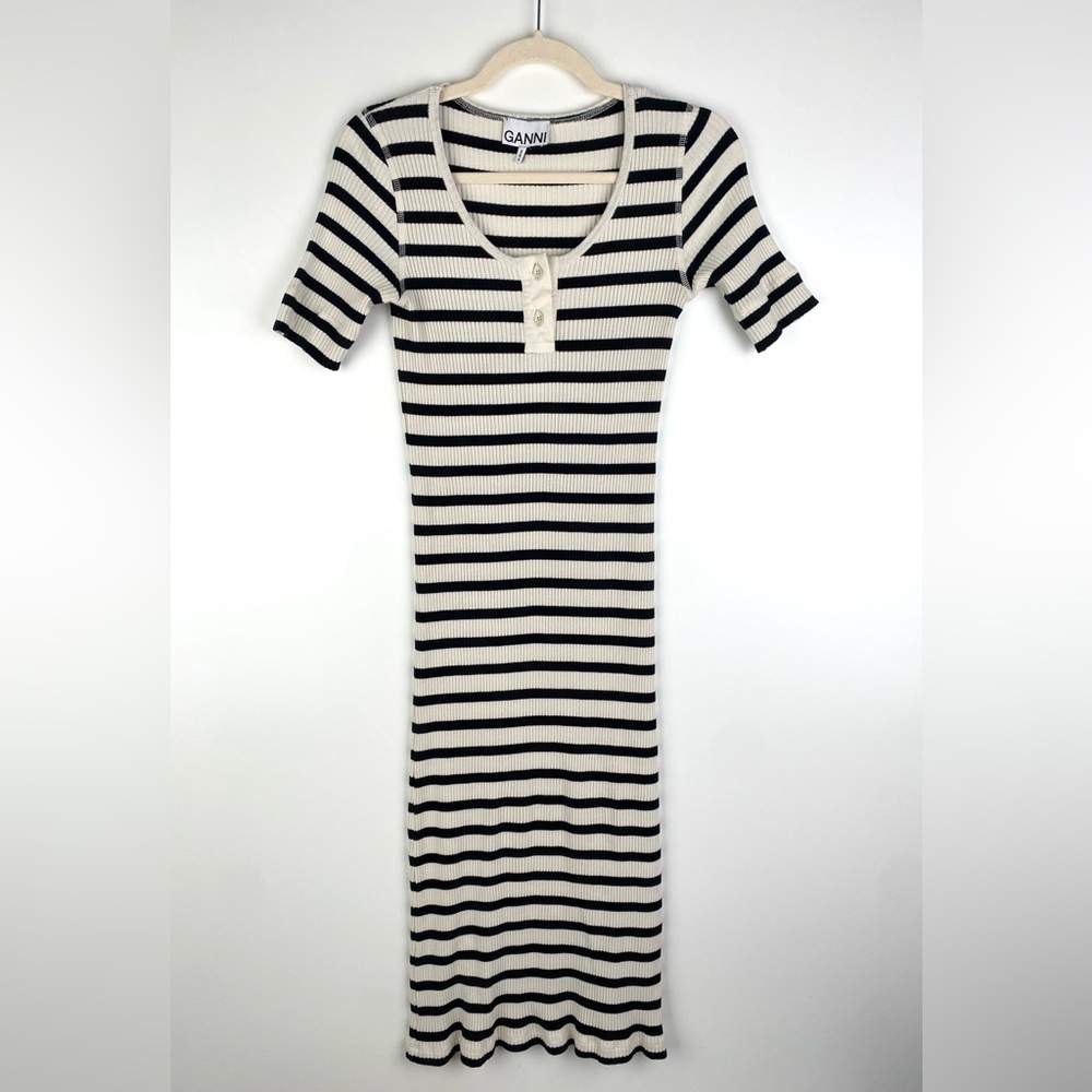 GANNI Striped Ribbed Knit Midi Dress Bodycon XXS